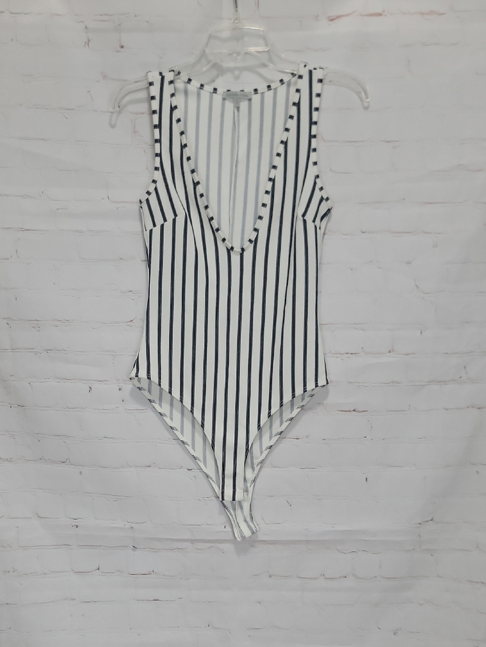 4/$20 Charlotte Russe White and Black Vertical Stripe V-Neck Bodysuit